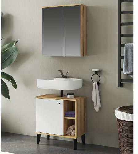 Lomadox Waschplatz-Set 2-teilig mit Waschbeckenunterschrank 60 cm, Spiegelschrank, in Eiche und weiß, modern