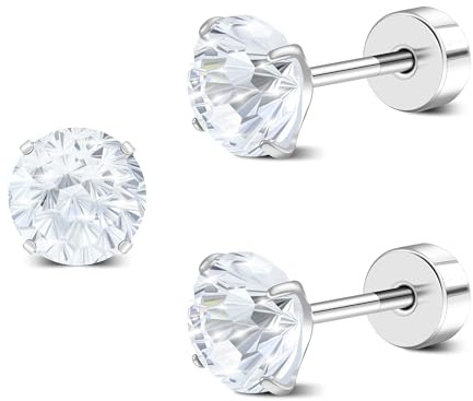 ZDE Titanium Frauen Flatback Ohrringe AAAA+ Cubic Zirkonia Silber CZ simulierte Diamant Ohrringe Stud Hypoallergen Knorpel Ohrring Schmuck 6mm