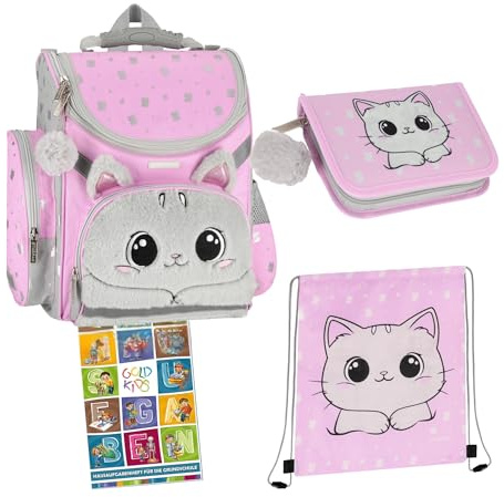 Goldkids - Schulranzen für Jungen und Mädchen, 4er-Set - Schul-Rucksack für Kinder mit Federmäppchen - Schuhbeutel und Hausaufgabenheft - Katze Motiv - 1-3 Klasse
