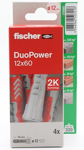 fischer - Duopower 12 x 60-4U, chevilles murales multi-matériaux, pour accrocher des vélos, des cadres, des armoires, des supports de télévision, des étagères, des meubles.
