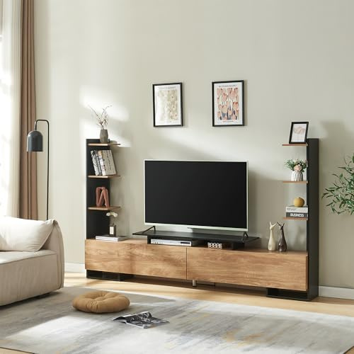 [en.casa] Meuble TV Support Télé avec Étagères Latérales 2 Portes et Compartiments de Rangement Ouverts Scandinave Salon Chambre Stable Élégant Moderne MDF 233 x 31 x 141 cm Noir Effet Bois de Mangue