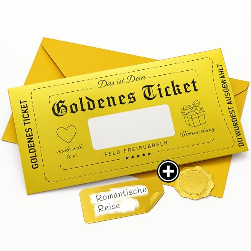 Gutschein zum selber ausfüllen - Goldenes Ticket mit Rubbelfeld, Aufkleber & Umschlag - Rubbelkarte zum beschriften - Geschenk, Kinogutschein, Geburtstagskarte, Geburtstagsgeschenk, Geschenkidee