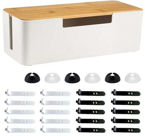 Kabelbox, Cord Organizer Box mit Hölzernem Deckel, 30x13x10cm Kabel Organizer Box Mit Kabelbinder und Kabelhaltern, Cable Management Box, Steckdosenbox, für Verlängerungskabel, Versteckte Kabel, Weiß