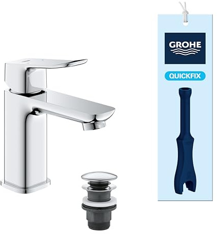 GROHE Dice Single Lever Basin Mixer Tap with Pop-Open Waste Set (S-Size 152 mm, 28 mm Ceramic Cartridge, Water Saving, Tails 3/8 Inch, Easy to Fit with The Included QuickTool), Chrome, 1018570000