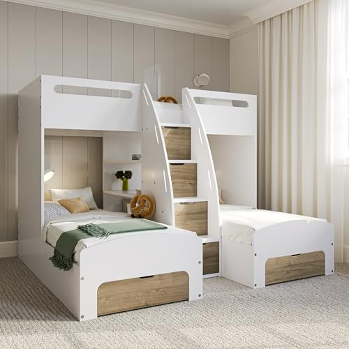 Flair Furnishings - Triple Bunk Bed for Kids, Staircase Bunk Bed with Storage, Heavy Duty, Integrated Shelving and Drawers, Sleek and Stylish (White & Oak)