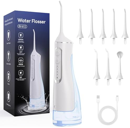 Hydropulse Pro – Portable Water Flosser, Munddusche Kabellos mit 4 Modi & 8 Düsen, 320ML Elektrische Zahnreiniger Tragbar Waterflosser, Wiederaufladbare Wasserdicht Munddusche für Reisen ﻿ (Weiß)