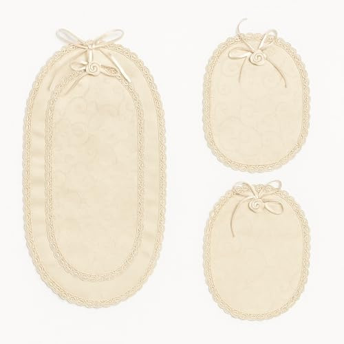 Corredocasa - Tris Centrini Ricamati a Mano in Raso Set 1 Runner da Tavola Rettangolare 35x 60 cm e 2 Centri 30x40 cm – Eleganti Centrini Decorativi per Mobili, Cucina, Sala da Pranzo e Camera (Tris)