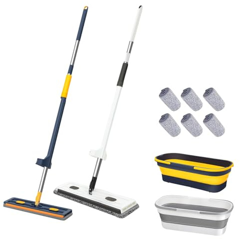 Trapeador plano grande, sistema de fregona plana grande giratoria de 360° y cubo, mopas planas autoescurridas, con 6 almohadillas de microfibra reutilizables secas y húmedas para el hogar, cocina