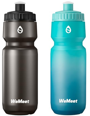 WEMEET 700ml Cycling Sports Bottle, Fits Most Bike Cages, LeakProof, BPA Free, Mountain Bike Squeeze Bottle with Capacity Scale, for Gym, Travel,Hiking (Black & Green Blue, 2 Pack)