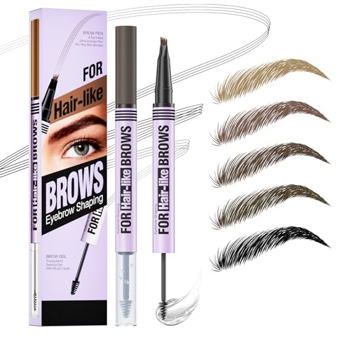 Microblading Augenbrauenstift Wasserfest, Augenbrauenfarbe mit Gel & 4 Mikrogabelspitzen, 2-in-1 Augenbrauenstift Härchenzeichnung, Eyebrow Pencil Wischfest, Langanhaltend, NatüRlicher (Dunkelbraun)