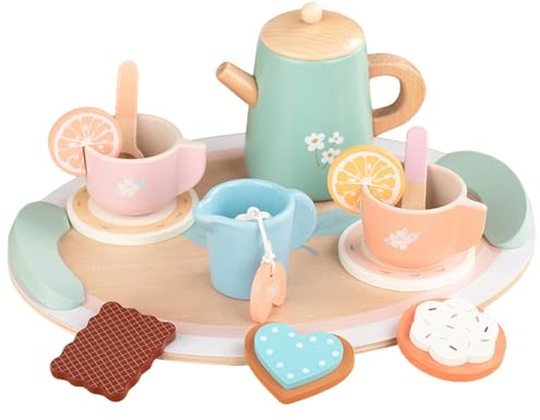Juego de té de Madera, Juego de Fiesta de té de Madera Seguro con Tetera, Taza, Juguetes de Postre, Juguetes de de Roles para niñas y niños, Juegos de simulación a Partir de 3 años, Juegos pa