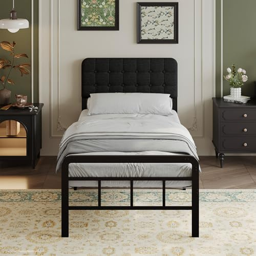 EMODA Cama de Metal con Cabecero y Piecero Tapizados, Cama Individual 90 x 190 cm de 36 cm de Altura, con Soporte de láminas de Acero de Alta Resistencia, Silenciosa y Fácil de Montar