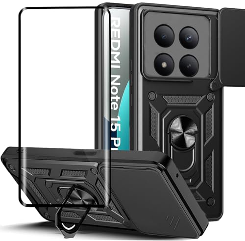 Funda para Xiaomi Redmi Note 15 Pro Plus 5G con Protección de Cámara Cubierta + Protector de Pantalla, Antigolpes Grado Militar [Anti-arañazos] Protectora Carcasa con Soporte de Anillo, Negro