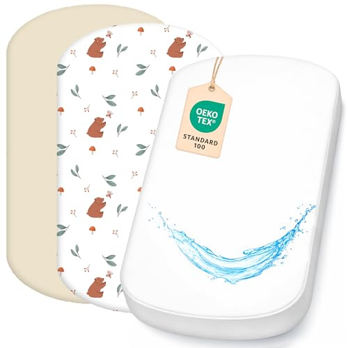 Lovely Hippo 2 sábanas bajeras ajustables de 100 % algodón + 1 protector de colchón 100 % material impermeable, juego 3X, compatible con Chicco, Kinderkraft (oso, 60 x 80 cm)