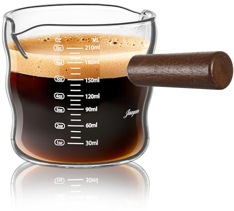 Joeyan 9 oz Espresso Cups, Espresso Shot Cups, Glass Measuring Cup with Double Spouts and Wood Handle, Wave Shaped Triple Pitcher Milk Cup, Borosilicate Clear Coffee Bar Accessories