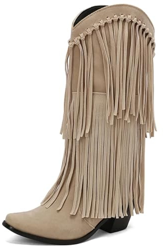Stivali alti al ginocchio da donna Scarpe invernali con frange moda lunghi neri tacco rosso Festa di grandi dimensioni(Beige,40)
