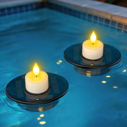 PChero Solar Schwimmende Poolbeleuchtung, 2er Set Solar Pond Licht IP68 Wasserdicht Teichbeleuchtung LED Teelichter Schwimmkerzen mit Lichtsensor für Pool Garten Terrasse Balkon Außen Deko