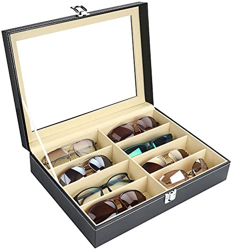 Kurtzy Sonnenbrillen Aufbewahrung Brillen Organizer Kunstleder – Brillenbox für Mehrere Brillen mit 8 Fächer – Brillen Box Verschließbar Schwarz für Sonnenbrille, Brillen, Schmuck für Damen und Herren