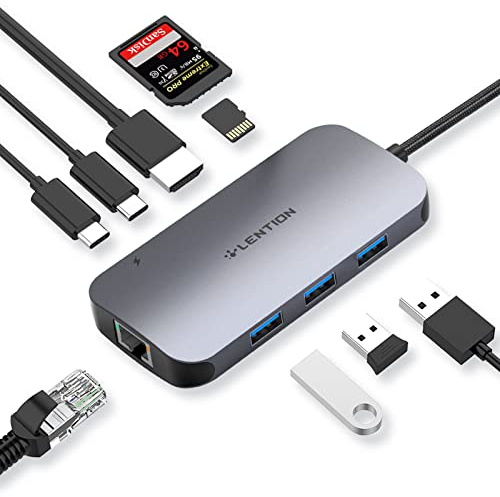 LENTION Hub USB C con HDMI 4K, Gigabit Ethernet, Lector de Tarjeta, USB 3.0, Tipo C para Datos y Carga, Adaptador para MacBook Pro 2025-2016, Nuevo Mac Air/Surface, Chromebook, (CE57se, Gris)