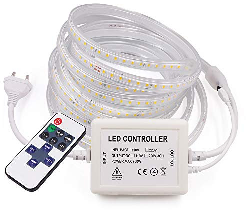 XUNATA Dimmen LED Strip Streifen, 220V 2835 SMD 120leds/m IP65 Wasserdicht, Kein Bleidraht, Flexibel LED Lichtband Seil Licht mit 11-Tasten-Fernbedienung für Hausbeleuchtung Dekor Bar (Warmweiß, 10M)