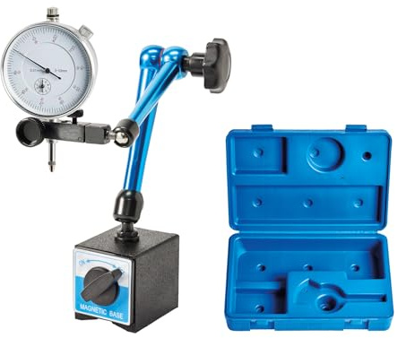 WABECO Magnet-Messstativ mit Zentralklemmung und Messuhr im Kunststoffkoffer, Präzisions-Messstativ mit Magnetfuß, Feinmessuhr 0,01 mm nach DIN 878, Magnetfuß 80 kg Haftkraft
