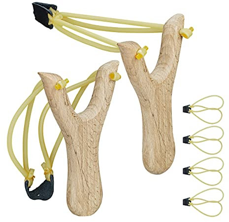 Relaxdays Profi Steinschleuder, Slingshot mit 6 Schleudergummis, Jagdschleuder 2er Set, Katapultschleuder aus Holz, gelb