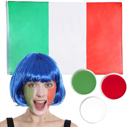 Italian Flag, Blue Bob Wig and Face Paint Kit - Italy Supporters - Fancy Dress Costume Accessory - Football, Rugby Sport Fans - Great for Sporting Events, Parties, Festivals & Celebrations