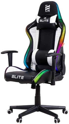 ELITE LED Gaming Stuhl Destiny | Ergonomischer Bürostuhl - Schreibtischstuhl - Chefsessel - Sessel - Racing Gaming-Stuhl - Gamingstuhl - Drehstuhl - Chair - Kunstleder (RGB Schwarz/Weiß)