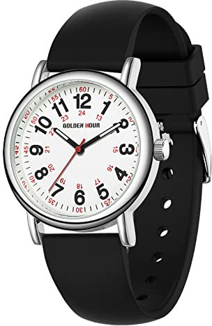 GOLDEN HOUR Reloj de Enfermera Impermeable para Profesionales Médicos, Estudiantes, Mujeres y Hombres, Esfera Luminouse Fácil de Leer, 24 Horas con Segunda Mano, Correa de Silicona