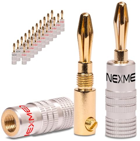 NEXMEX Bananenstecker 4mm - 24 Stück Stecker als Set - Steckverbinder 24K vergoldet Schraubbar für Lautsprecherkabel - HiFi Lautsprecheranschluss