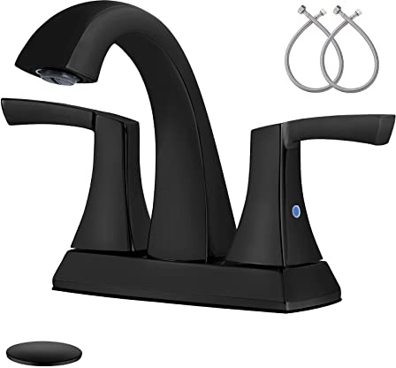 VXV Bathroom Faucet Matte Black, 2 Handles Low Arc Bathroom Sink Faucets, 4 Inch Centerset Bath Lavatory Faucets with Pop-up Drain & Faucet Supply Lines (MB)