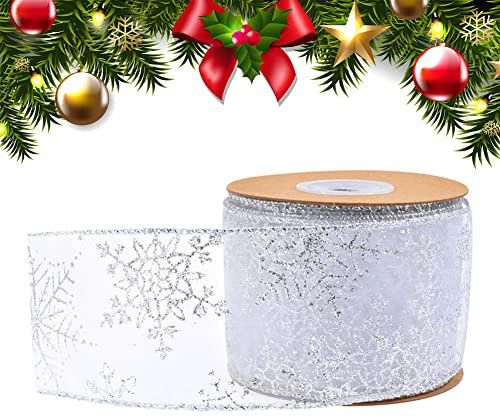 Organza Band Silber Weihnachten,Glitzer Schneeflocken Geschenkband Chiffon Breit mit Draht,Transparent Glänzend Schleifenband Satinband Dekoband Bänder für Geschenke,Weihnachtsdeko,Basteln (Silber)