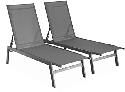 Alice's Garden sweeek - Lot de 2 transats Anthracite. 5 Positions. en textilène et métal. Flora. L155 x P59 x H106cm
