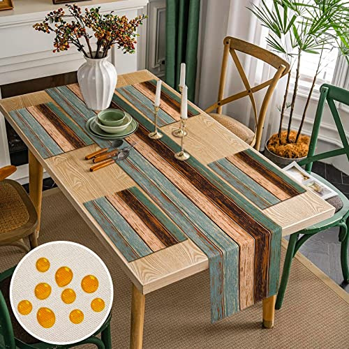 Runner da Tavola Moderno E Tovaglietta Blu Verde Strisce Legno - Tovagliette Impermeabile Poliestere Tovaglia Decorazione per Matrimoni Picnic Cucina 33x183cm