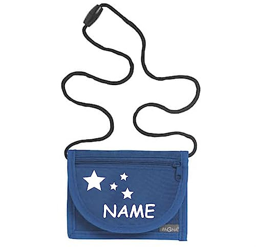 Kiwistar - Brustbeutel blau - Sterne - 13 x 10 cm Geldbeutel zum umhängen - Geldbörse für Jungen & Mädchen mit Namen individuell personalisiert