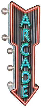 Arcade Double-Sided Marquee Sign With Neon Print And LED Bulbs Vintage Inspired Retro Decor For The Home (26” x 3 x 8)