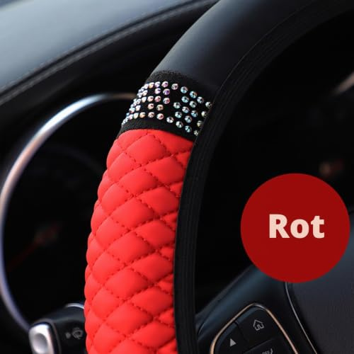 BBTISG Glitzer Auto Lenkradbezug Mit Diamanten und Schulterpolstern für Damen - Universal für 37-38 cm Autolenkrad (Rot)