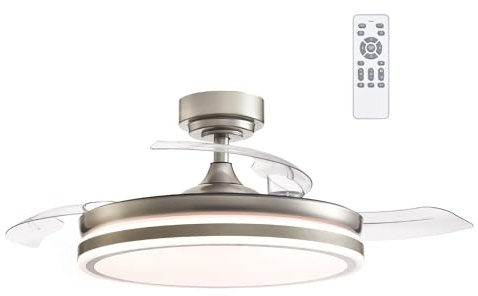 wonderlamp - Ventilador de techo LED ILSA con Aspas Retráctiles, Motor DC Silencioso, 3 CCT Regulable 45W, Níquel