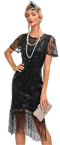 Viloree Ro Rox Evelyn Robe Annee 20 Flapper 1920 Gatsby Robe Soiree Femme Paillette Frange Robe Année 20 Noir (53) XL