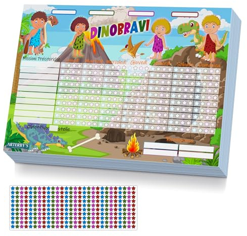 Arterby's® - Tabla de recompensas – 25 hojas A4 de cartón duro ECO y 280 pegatinas estrellas 4 colores – Tablero de actividades Resultados motivar psicomotricidad niños (Español, COL002 – DINOSAURI)