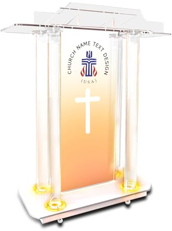 Kanzel mit Logo und Text in 15 Farben, verstellbar und 4 blinkende Modelle, 116,8 cm, transparentes Acryl-Podium mit Rädern und vertikaler Leseplattform, Rednerpulte für Kirchen