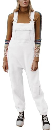 ORANDESIGNE Combinaisons pour femme - Salopette décontractée - Pantalon de travail - En polaire - Chaudes - Pour l'hiver - Avec poches. A Blanc L