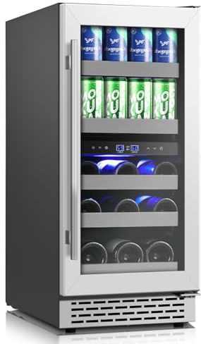 WINEBOSS 15 Inch Wine and Beverage Refrigerator, 13 Bottle & 48 Cans Dual Zone Wine Cooler, 37-65°F, Freestanding/Under Counter Beverage Fridge with Glass Door Stainless Steel Shelves