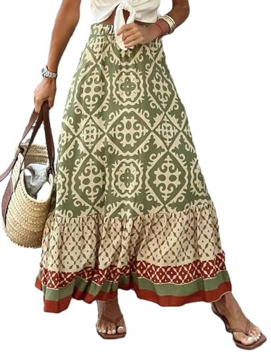JENJON Donna Gonna Lunga Stampata Casual Alta Vita Elastica Boho Floreale Senza Maniche Gonna Estiva Abiti da Spiaggia B-Verde S