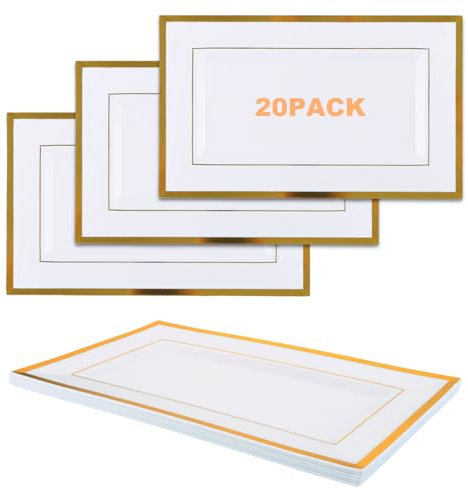 LDXDRU Paquete de 20 platos de plástico elegantes de 33 x 20 cm, bandeja de comida con borde blanco y dorado, bandeja rectangular para aperitivos, postres, sándwiches, galletas de queso