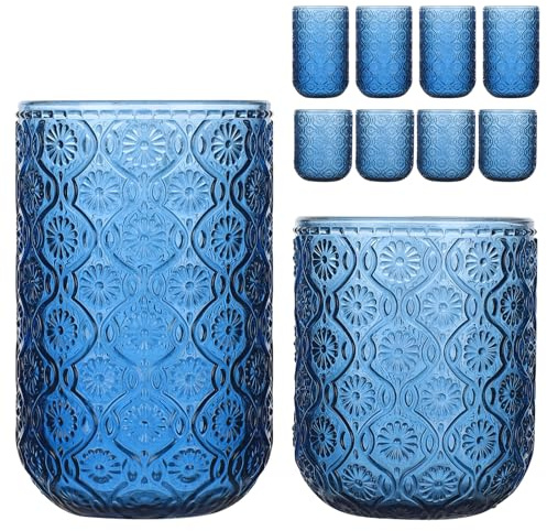 WeirdUncle Set of 8 Vintage Embossed Glassware,4 Highball Glasses 14oz & 4 Rocks Drinking Glasses 9oz, Blue, Art Deco, for Wine, Water, Cocktail, Juice, Whiskey, Gift