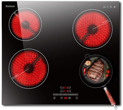 Karinear Ceramic Hob 4 Zone, Built in Electric Hob 60cm with Slide & Touch Control 6000W, 4 Zone Cooktop with Safety Lock & Timer Control, 220-240V, No Plug
