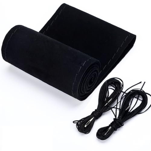 Cubierta del Volante del Coche De Gamuza, Mano del Coche Costura Volante Tamaño De La Cubierta 15 Pulgadas, Funda Protector Volante Coche Cosida Piel 37cm 38cm (Negro)