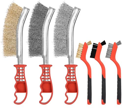 6 Pezzi Spazzola Acciaio Set in Acciaio Inox E Ottone E Nylon E Acciaio al Carbonio, Spazzola Metallica con Manico in Plastica, Spazzola di Ferro per Pulizia Vernice, Polvere, Legno, Togli Ruggine