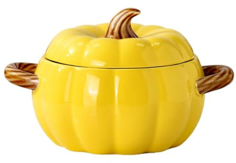 Dutch Oven Pot with Lid, Pumpkin Pottery Dessert Saucepan, Mini Baking Dish Cute Pumpkin Bowl, Covered Dutch Oven Ceramic Stockpot, Pumpkin-Shaped Casserole (Yellow)